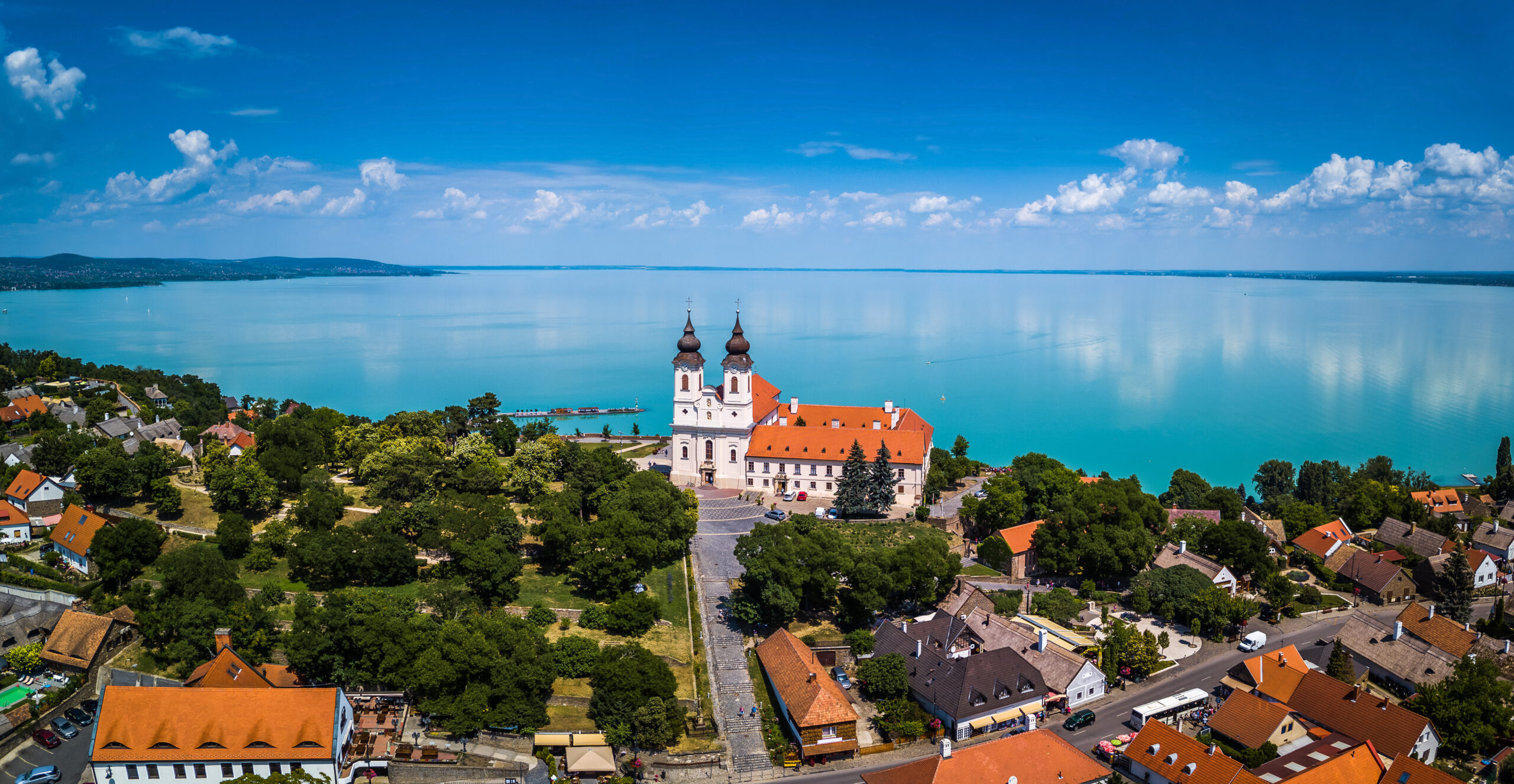 Aerial panoramic view of the Monastery at lake.